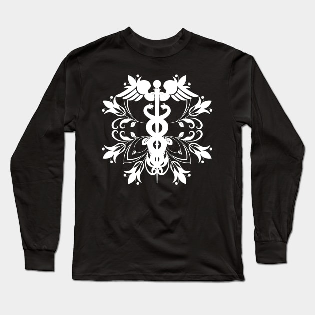 Abstract Floral Caduceus - White Long Sleeve T-Shirt by Korry